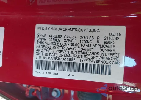 2019 Honda Accord Sport from USA, damaged, VIN 1HGCV1F34KA119898